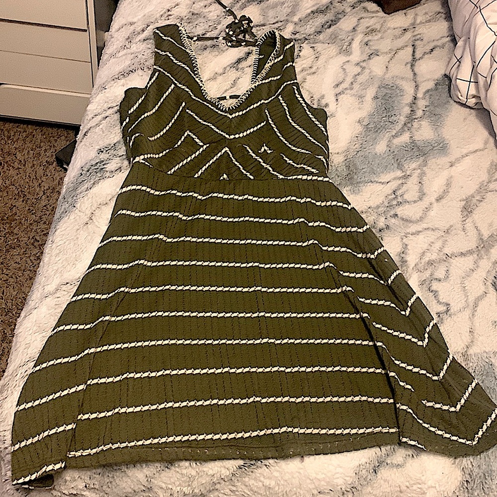 olive green cotton summer “Three Pink Hearts” dress size M